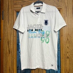 NWOT Jack & Jones White Polo with Blue and Green Graphics